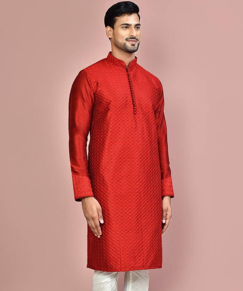 Red dupion art silk kurta with  computerised embroidery machine work