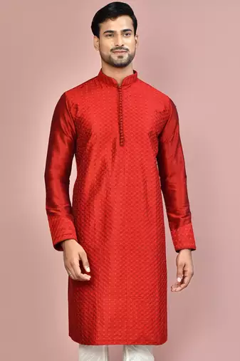 Red dupion art silk kurta with  computerised embroidery machine work