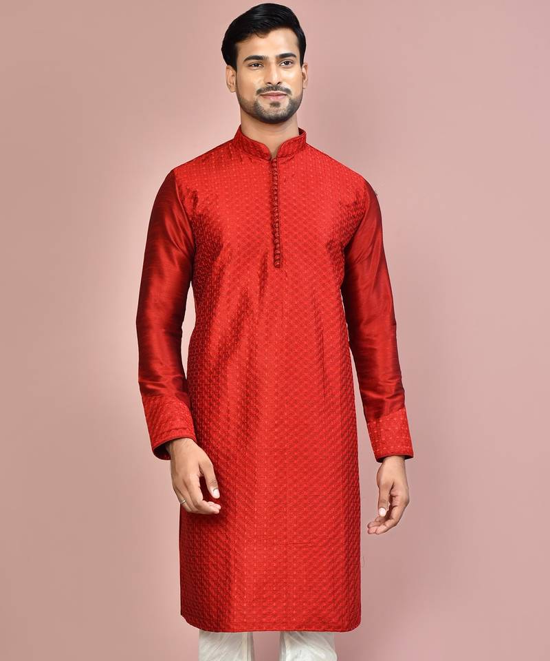 Red dupion art silk kurta with  computerised embroidery machine work