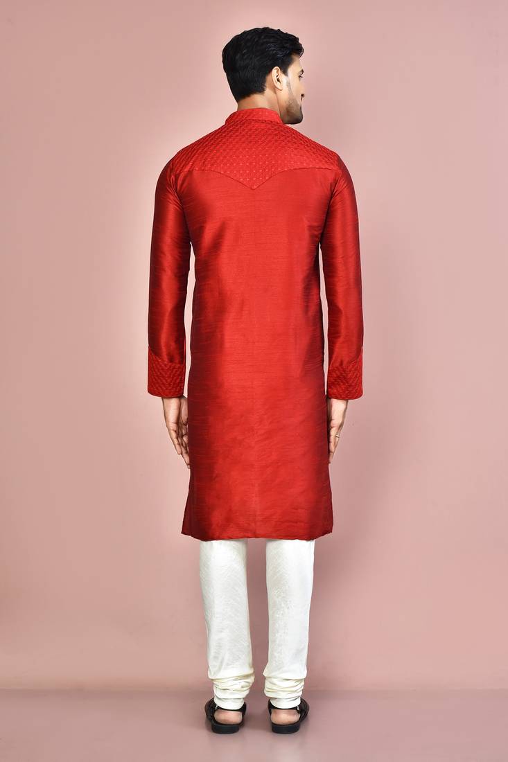 Red dupion art silk kurta with  computerised embroidery machine work