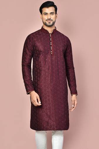 Wine dupion art silk kurta with  computerised embroidery machine work