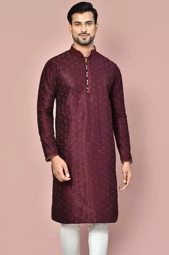 Wine dupion art silk kurta with  computerised embroidery machine work