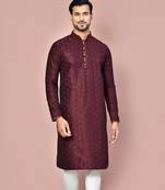 Wine dupion art silk kurta with  computerised embroidery machine work