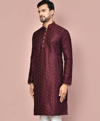 Wine dupion art silk kurta with  computerised embroidery machine work 2