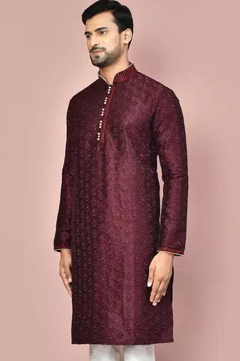 Wine dupion art silk kurta with  computerised embroidery machine work