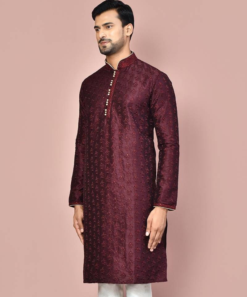 Wine dupion art silk kurta with  computerised embroidery machine work