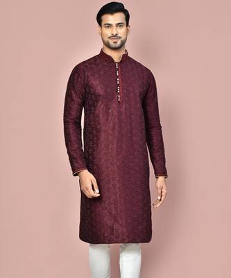 Wine dupion art silk kurta with  computerised embroidery machine work 3