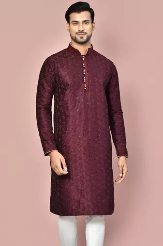 Wine dupion art silk kurta with  computerised embroidery machine work