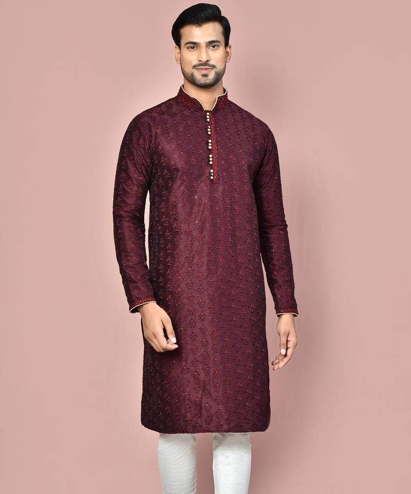 Wine dupion art silk kurta with  computerised embroidery machine work