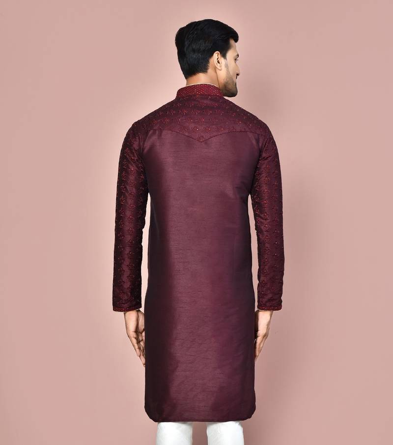 Wine dupion art silk kurta with  computerised embroidery machine work