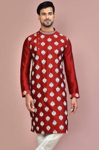 Red dupion art silk kurta with  computerised embroidery machine work