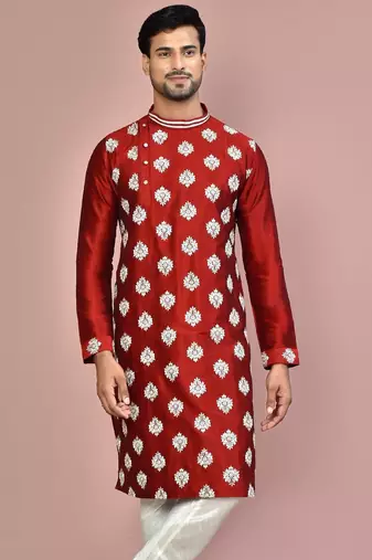 Red dupion art silk kurta with  computerised embroidery machine work