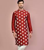 Red dupion art silk kurta with  computerised embroidery machine work