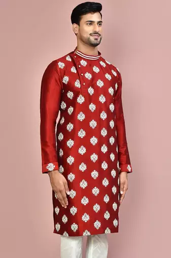 Red dupion art silk kurta with  computerised embroidery machine work