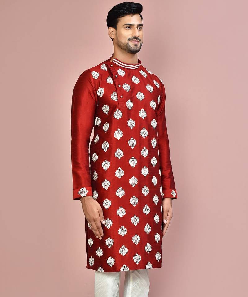 Red dupion art silk kurta with  computerised embroidery machine work