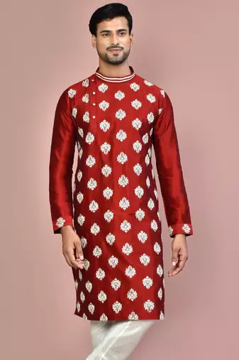 Red dupion art silk kurta with  computerised embroidery machine work