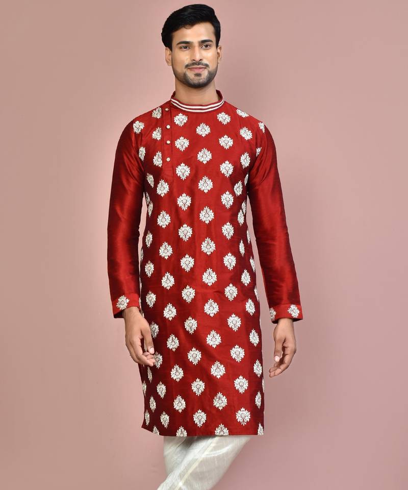 Red dupion art silk kurta with  computerised embroidery machine work