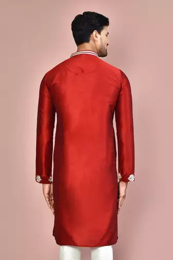 Red dupion art silk kurta with  computerised embroidery machine work