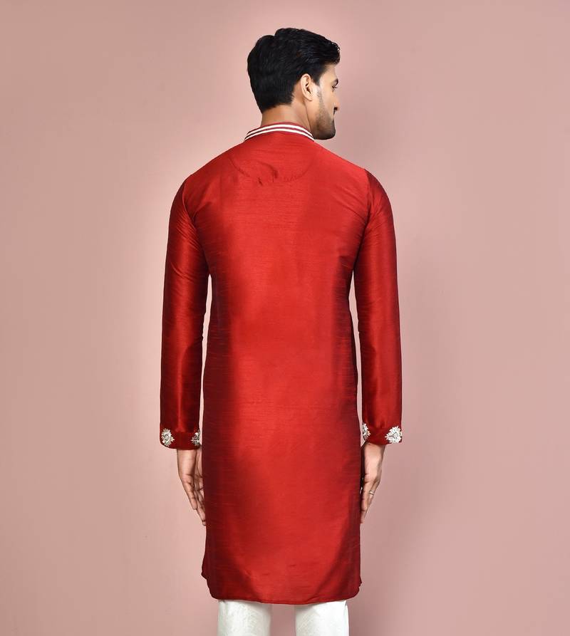 Red dupion art silk kurta with  computerised embroidery machine work