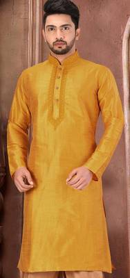 Yellow dupion art silk kurta with  computerised embroidery machine work 1