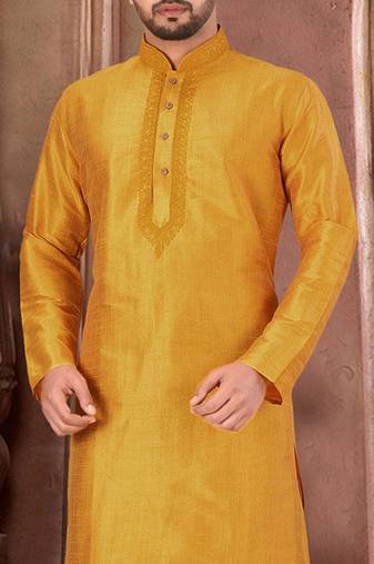 Yellow dupion art silk kurta with  computerised embroidery machine work