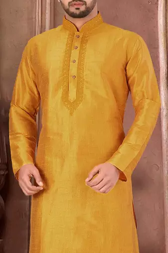 Yellow dupion art silk kurta with  computerised embroidery machine work