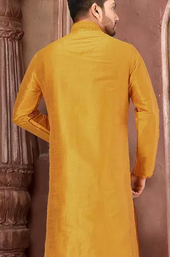 Yellow dupion art silk kurta with  computerised embroidery machine work