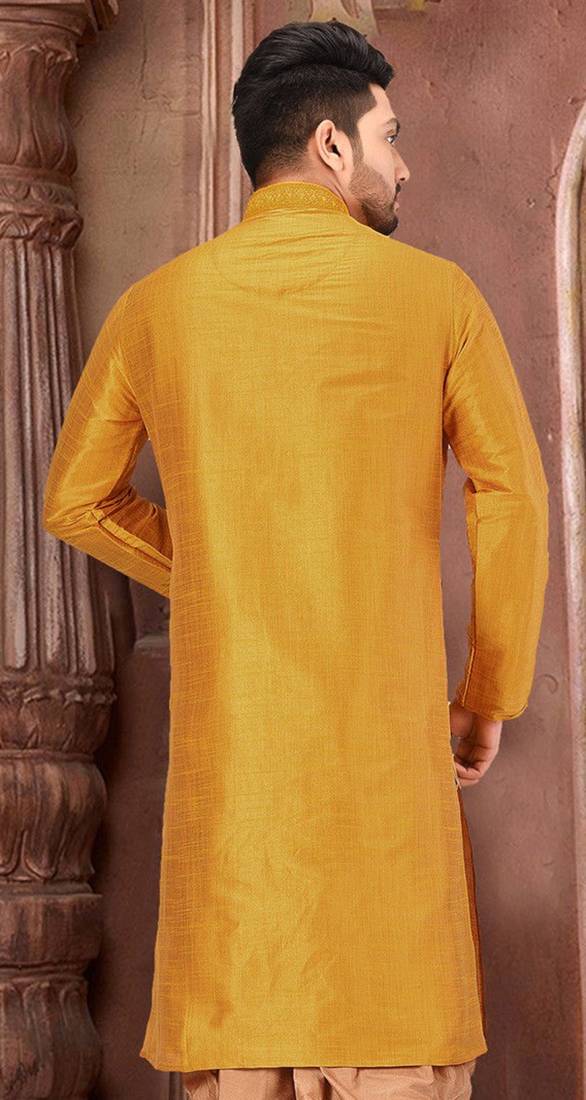 Yellow dupion art silk kurta with  computerised embroidery machine work