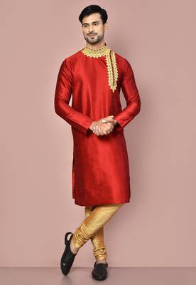 Red dupion art silk kurta with  computerised embroidery machine work 1