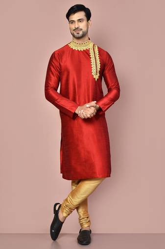 Red dupion art silk kurta with  computerised embroidery machine work