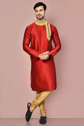 Red dupion art silk kurta with  computerised embroidery machine work
