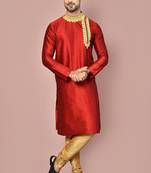 Red dupion art silk kurta with  computerised embroidery machine work