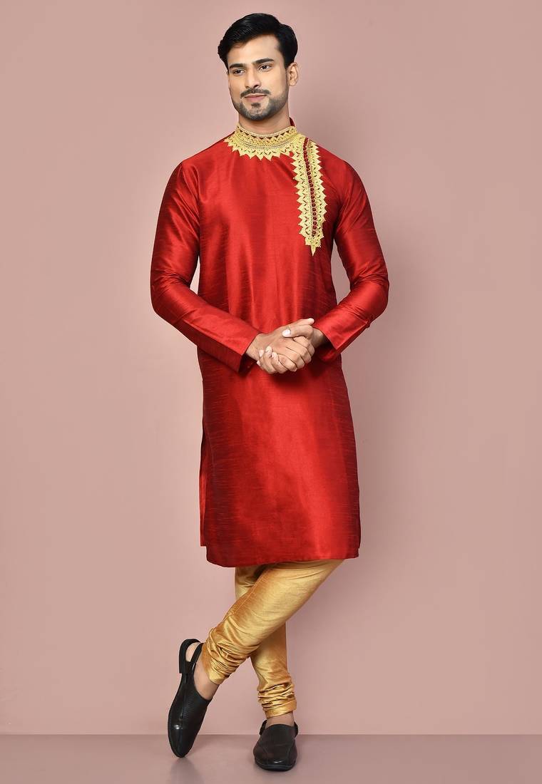 Red dupion art silk kurta with  computerised embroidery machine work