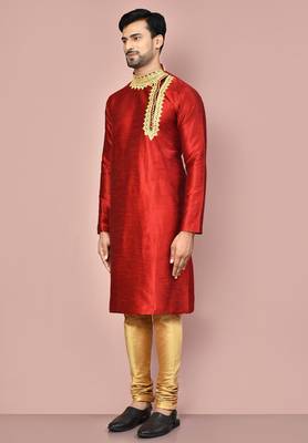Red dupion art silk kurta with  computerised embroidery machine work 2