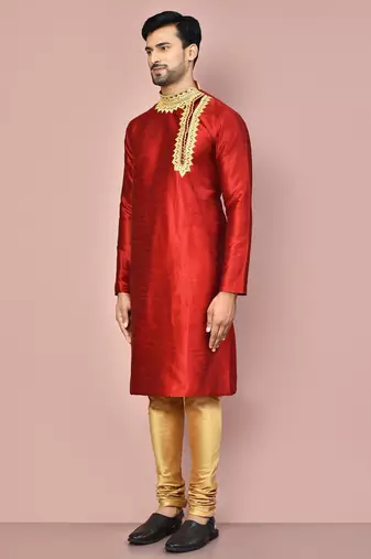 Red dupion art silk kurta with  computerised embroidery machine work