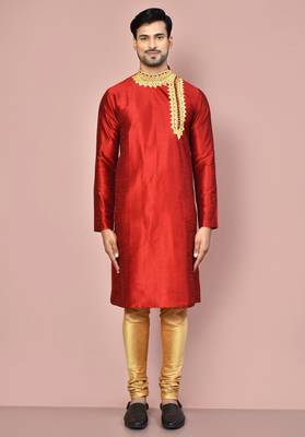 Red dupion art silk kurta with  computerised embroidery machine work 3