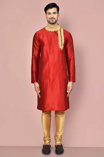 Red dupion art silk kurta with  computerised embroidery machine work