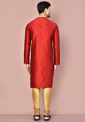 Red dupion art silk kurta with  computerised embroidery machine work 4