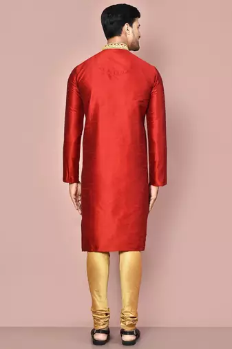 Red dupion art silk kurta with  computerised embroidery machine work