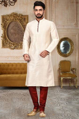 cream dupion art silk  kurta with  pattern work and 8 button