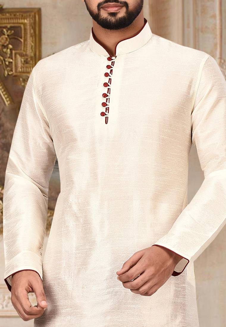 cream dupion art silk  kurta with  pattern work and 8 button