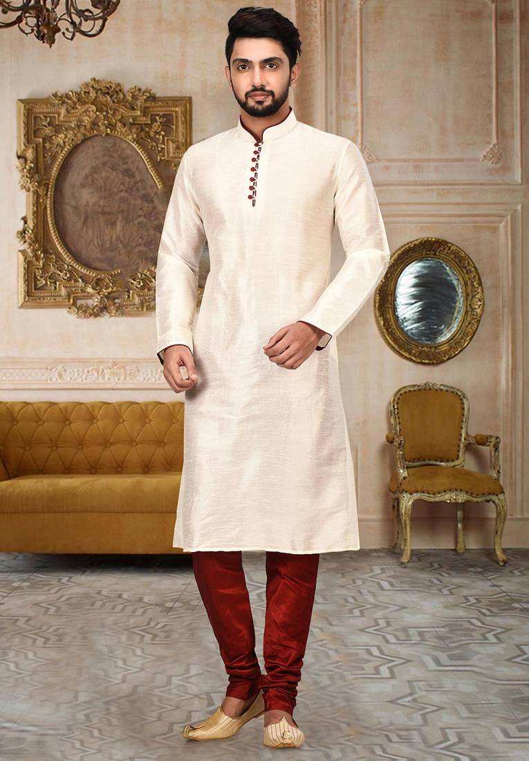 cream dupion art silk  kurta with  pattern work and 8 button