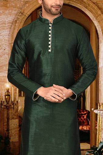 bottle green dupion art silk  kurta with  pattern work and 8 button