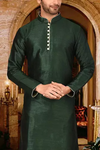 bottle green dupion art silk  kurta with  pattern work and 8 button