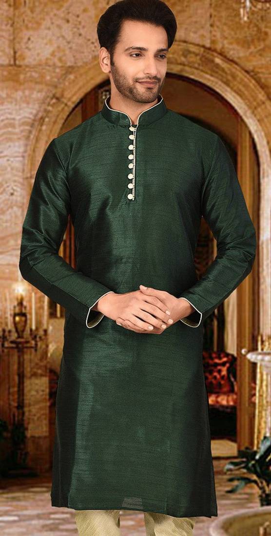 bottle green dupion art silk  kurta with  pattern work and 8 button