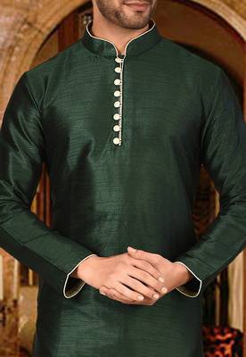 bottle green dupion art silk  kurta with  pattern work and 8 button 2