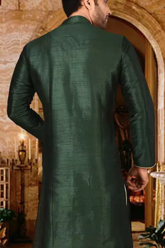 bottle green dupion art silk  kurta with  pattern work and 8 button