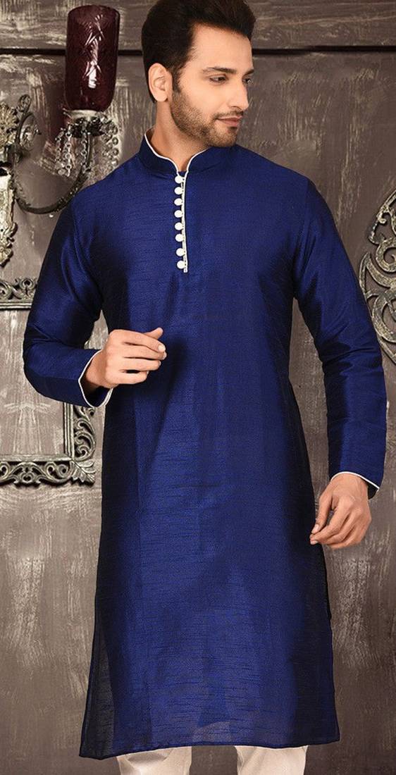 royal blue dupion art silk  kurta with  pattern work and 8 button