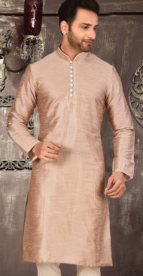 light brown dupion art silk  kurta with  pattern work and 8 button