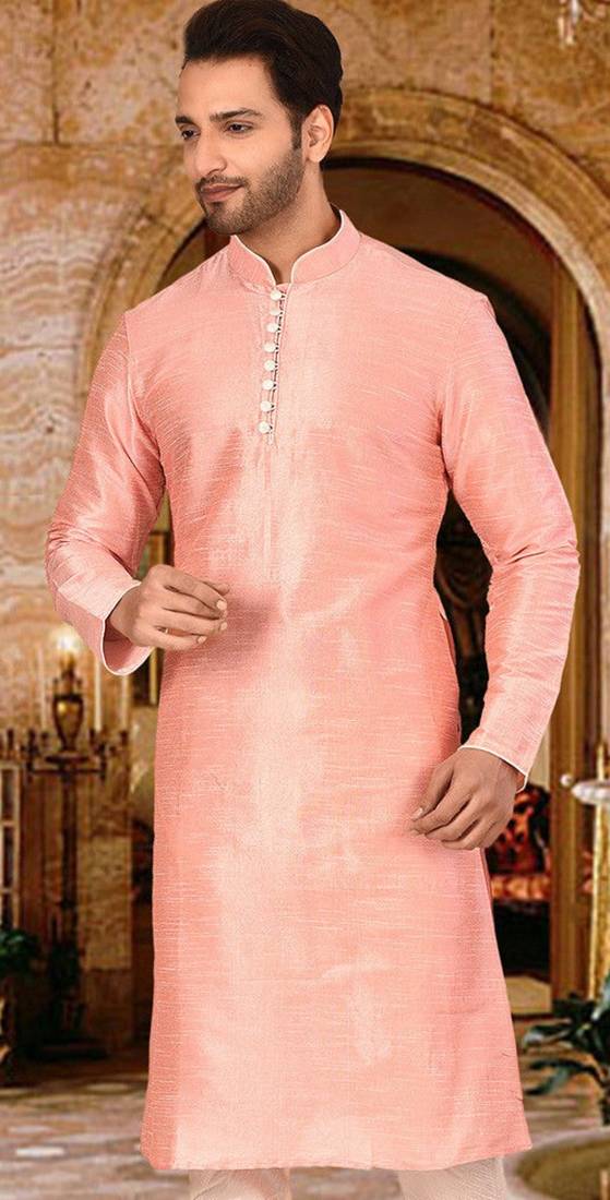 pink dupion art silk  kurta with  pattern work and 8 button